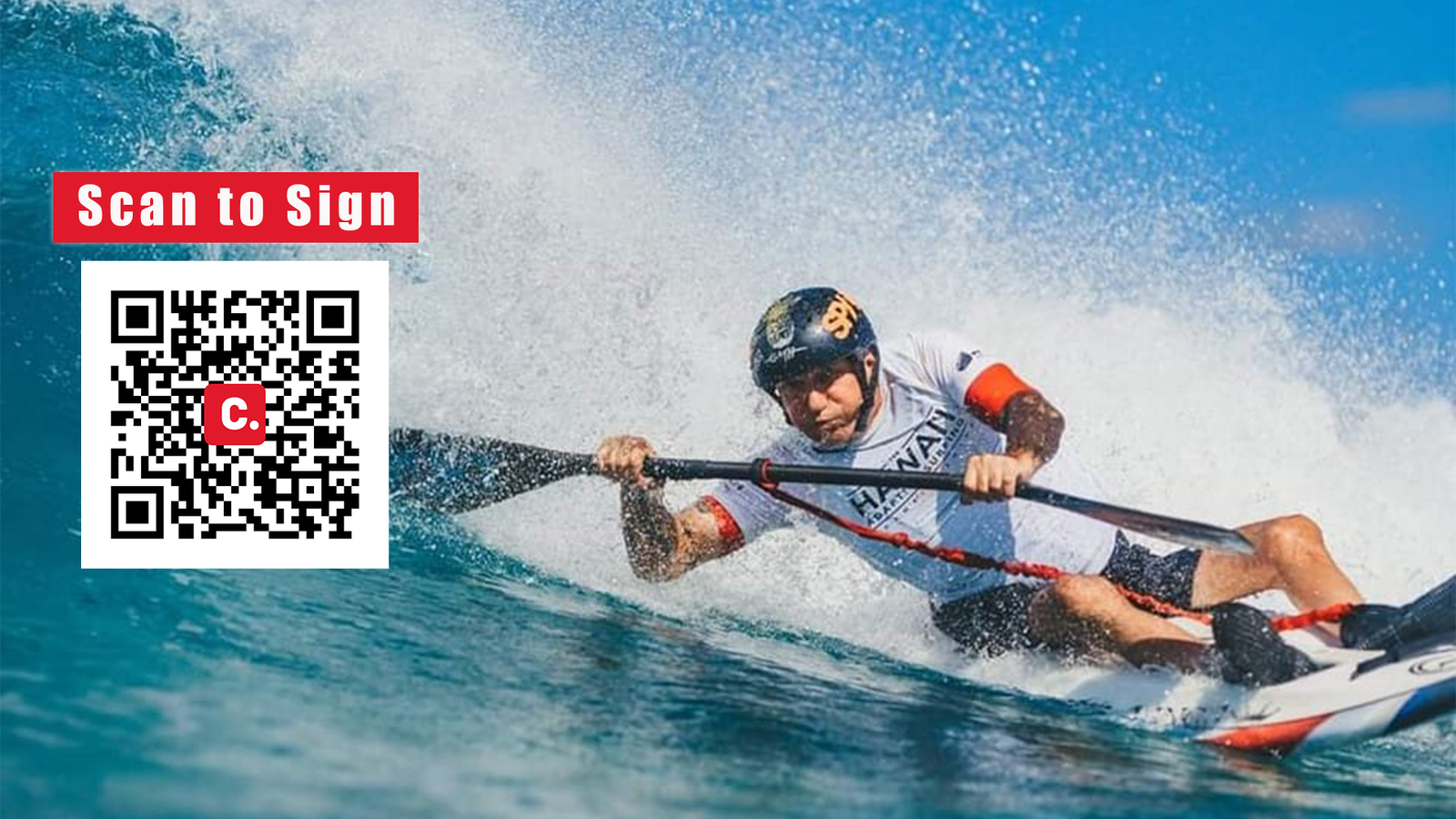 surfer in wave ski and QR code to sign petition